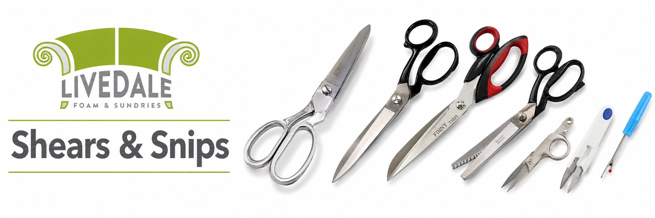 Livedale Shears and Snips banner showing upholstery shears, tailor scissors, thread snips and seam rippers on a white background