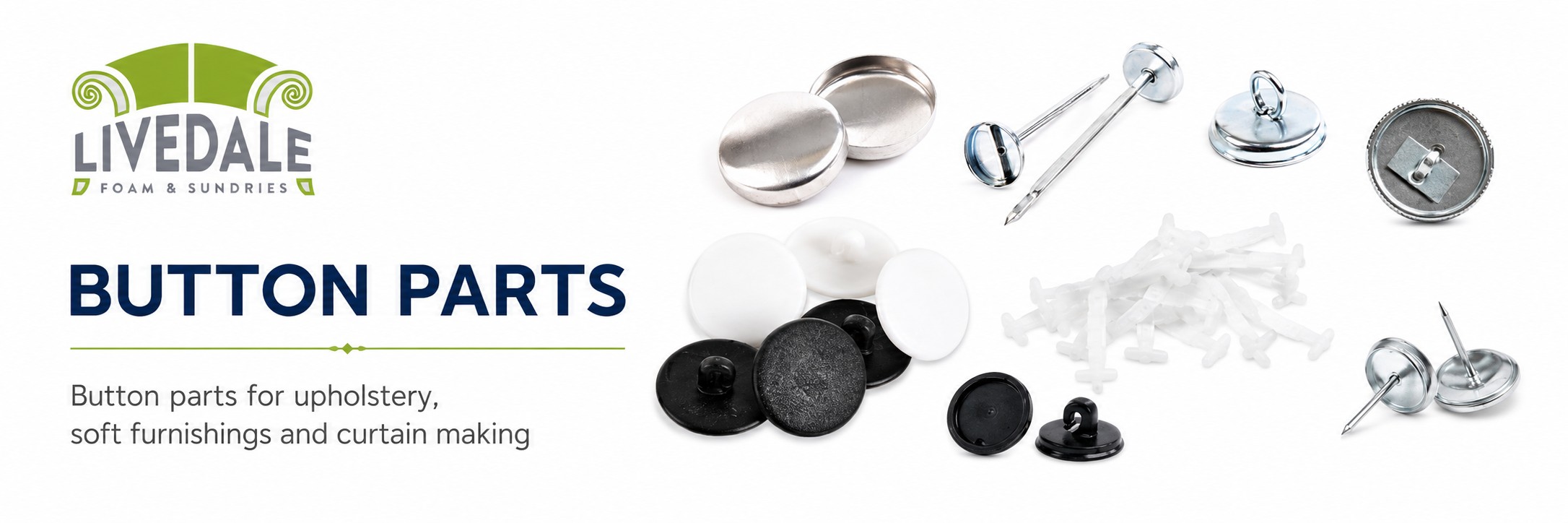 Livedale Button Parts banner showing upholstery button backs, metal button shells, loop backs and buttoning components