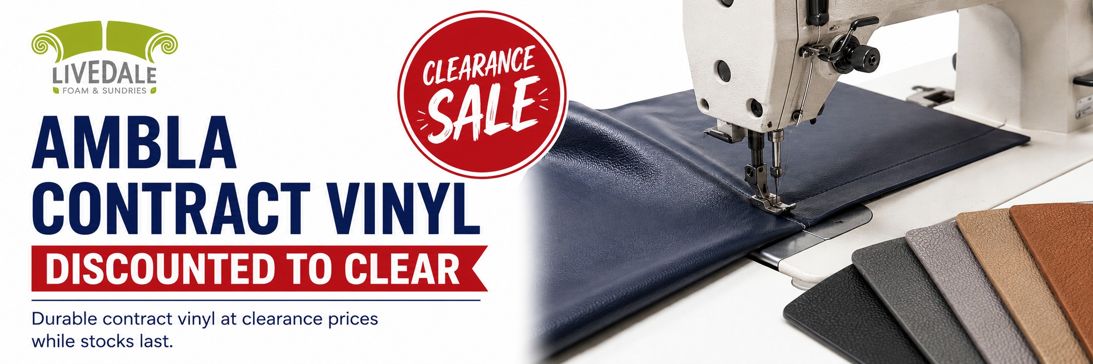 Ambla contract vinyl clearance sale banner showing navy vinyl being sewn on an industrial machine with a range of coloured vinyl sample swatches.