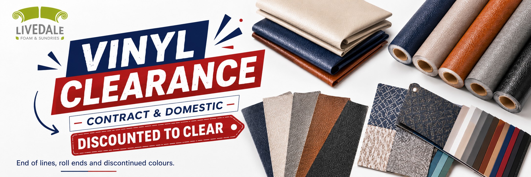 Vinyl clearance sale banner featuring discounted contract and domestic upholstery vinyl rolls and colour swatches
