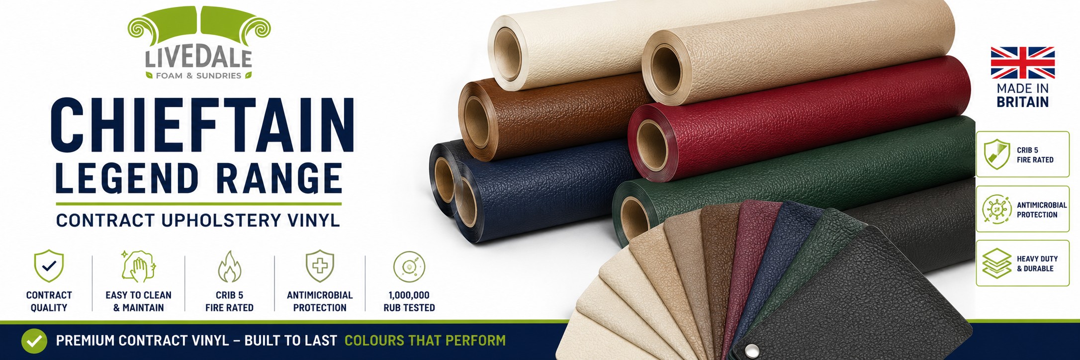 Chieftain Legend contract upholstery vinyl banner featuring textured vinyl rolls and traditional colour swatches