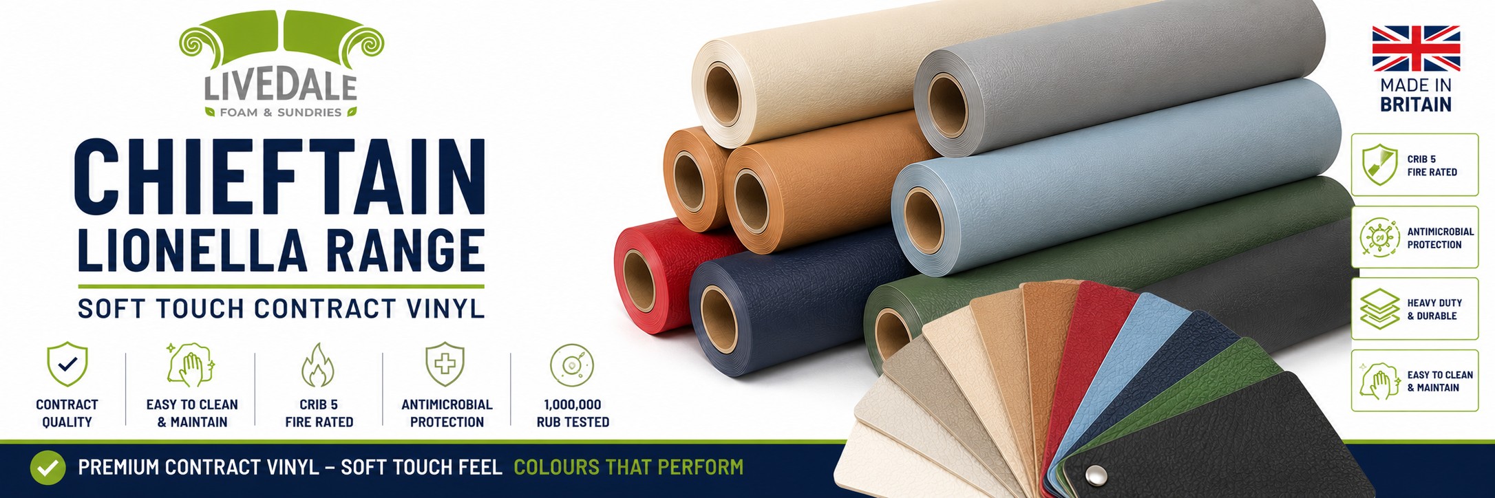 Chieftain Lionella soft-touch contract vinyl banner featuring coloured upholstery vinyl rolls and matching swatches