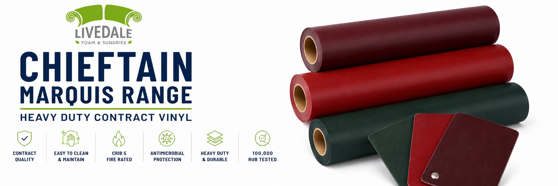 Chieftain Marquis contract vinyl banner featuring burgundy, red and dark green upholstery vinyl rolls and matching colour swatches