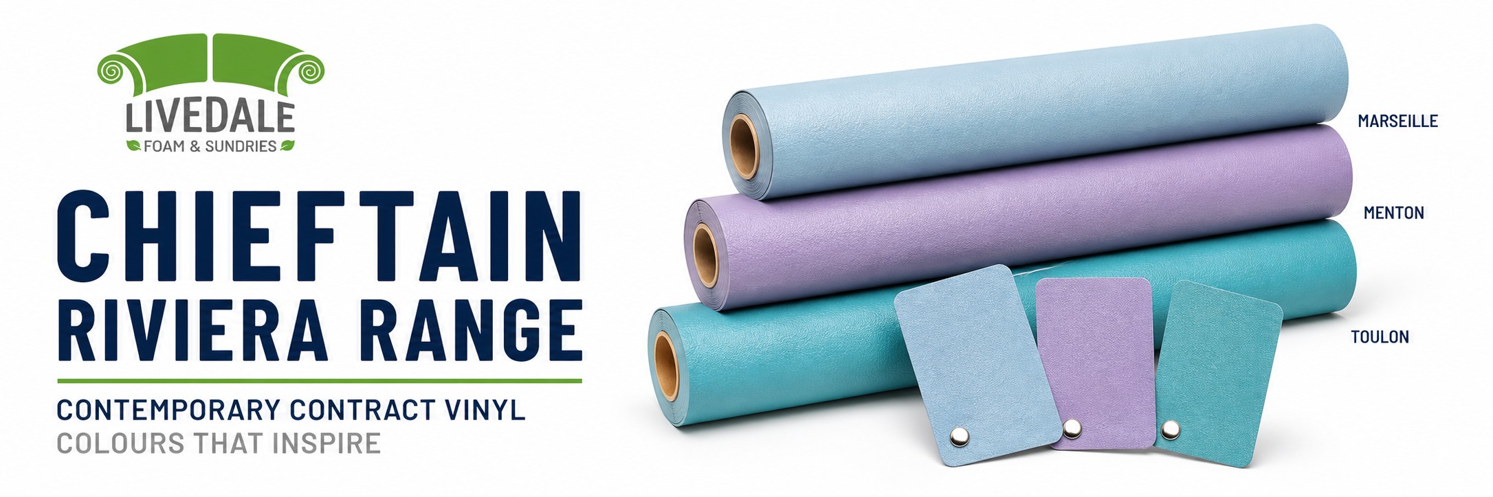 Chieftain Riviera contract vinyl banner featuring Marseille light blue, Menton lavender and Toulon turquoise upholstery vinyl