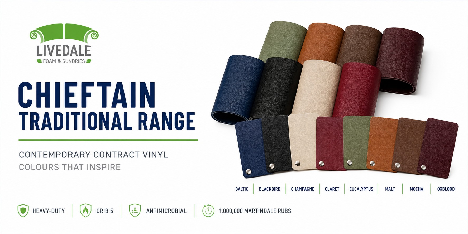 Chieftain Traditional contract vinyl banner featuring Baltic, Blackbird, Champagne, Claret, Eucalyptus, Malt, Mocha and Oxblood upholstery vinyl