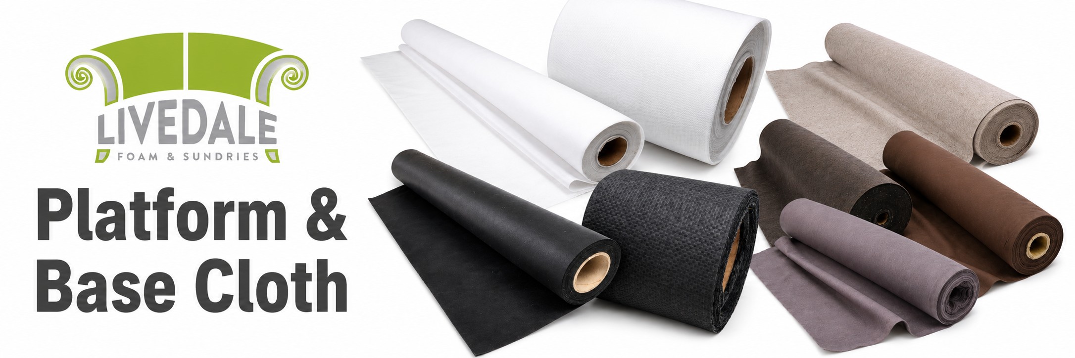 Livedale Platform & Base Cloth category banner showing upholstery platform cloth, base cloth and lining fabric rolls on a white background