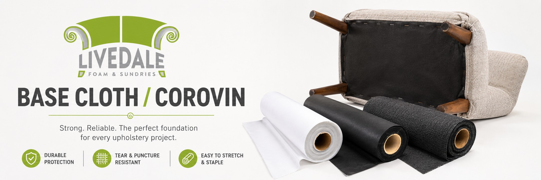 Livedale Base Cloth and Corovin category banner showing black and white upholstery base cloth rolls with an upturned chair displaying underside fabric