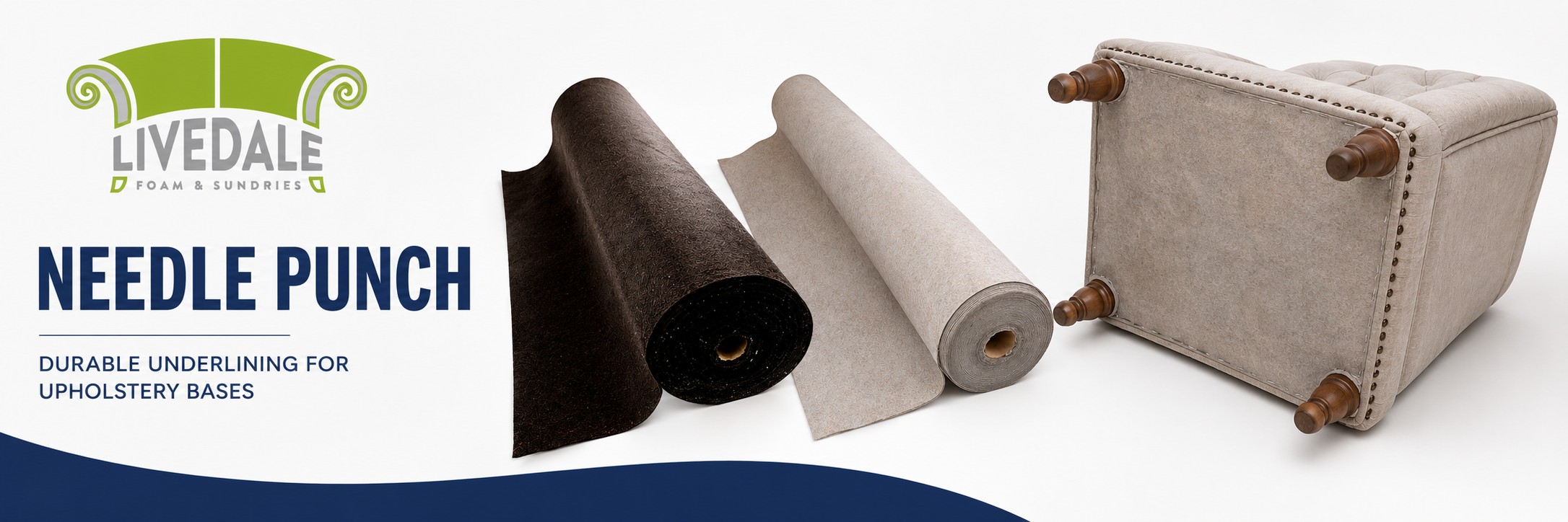 Livedale Needle Punch category banner showing brown and natural needle punch fabric rolls with an upturned chair base example on a white background