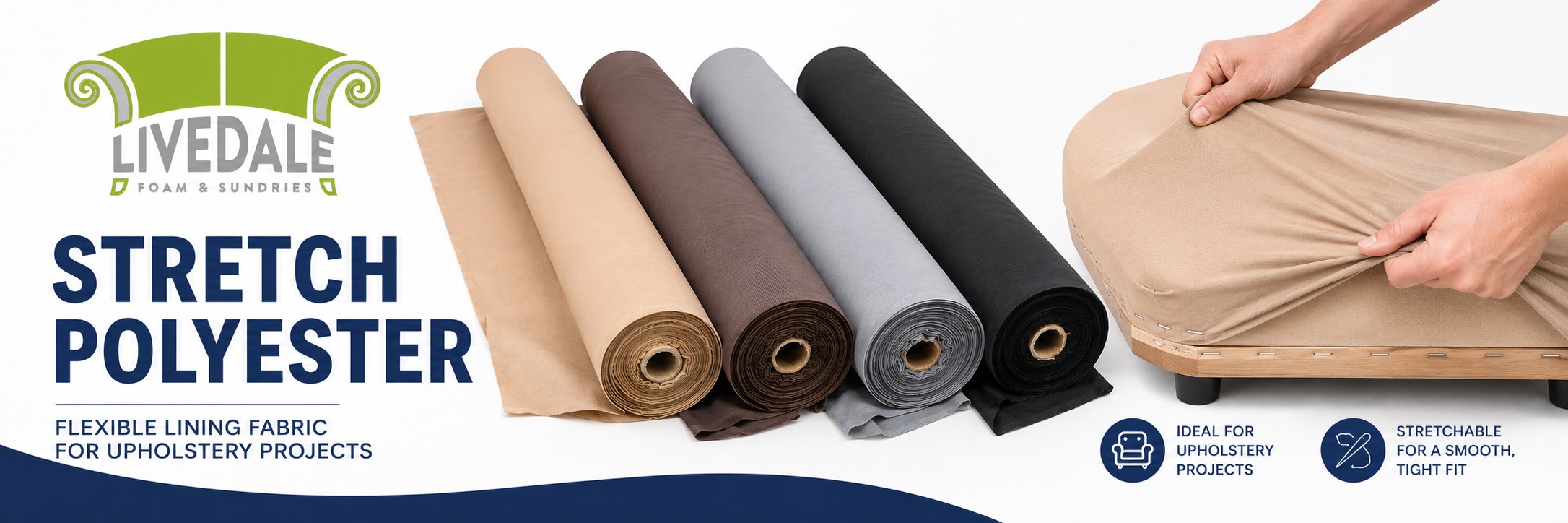 Livedale Stretch Polyester category banner showing stretch polyester fabric rolls with fabric being pulled to demonstrate flexibility on a clean white background