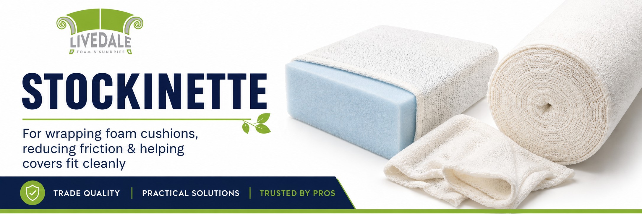 Livedale Stockinette category banner showing stockinette roll, foam cushion wrapped in stockinette and loose stockinette fabric on a white background