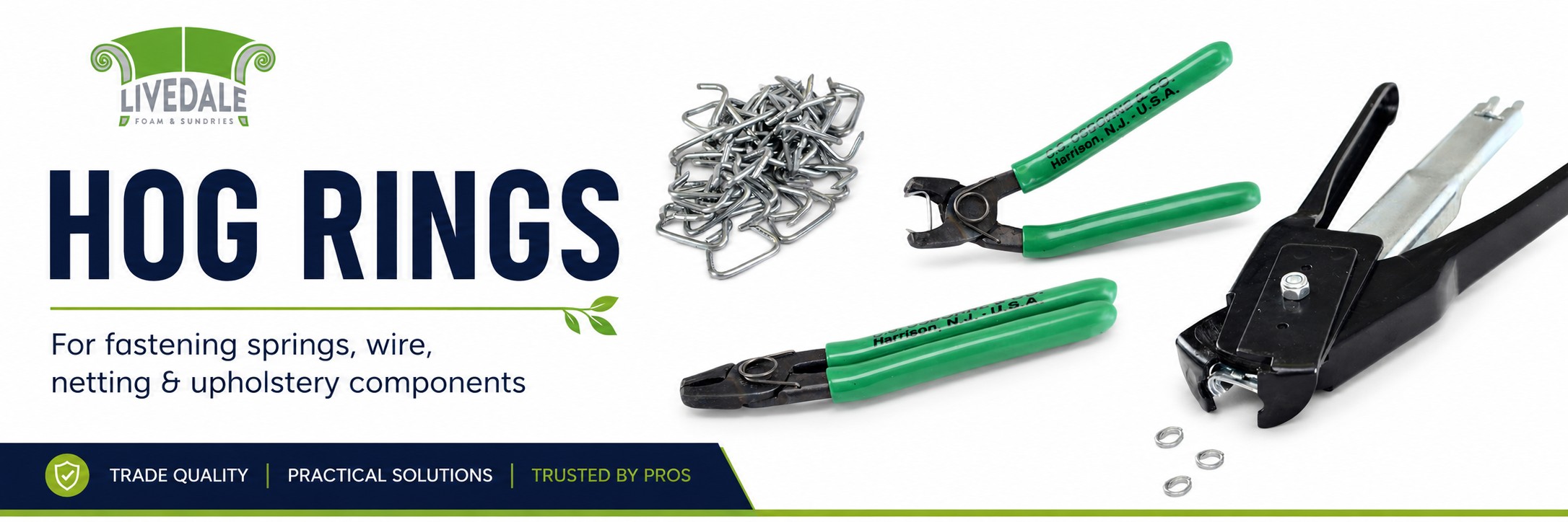 Livedale Hog Rings category banner showing loose hog rings, hog ring pliers and a hog ring tool for fastening springs, wire, netting and upholstery components