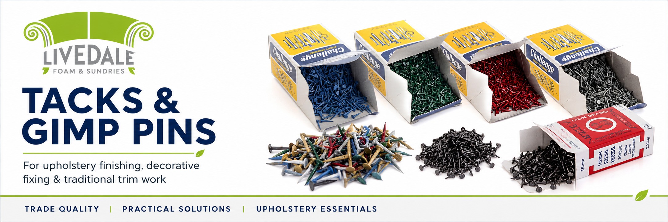 Livedale Tacks & Gimp Pins category banner showing coloured gimp pins, black tacks and boxed upholstery tacks on a white background