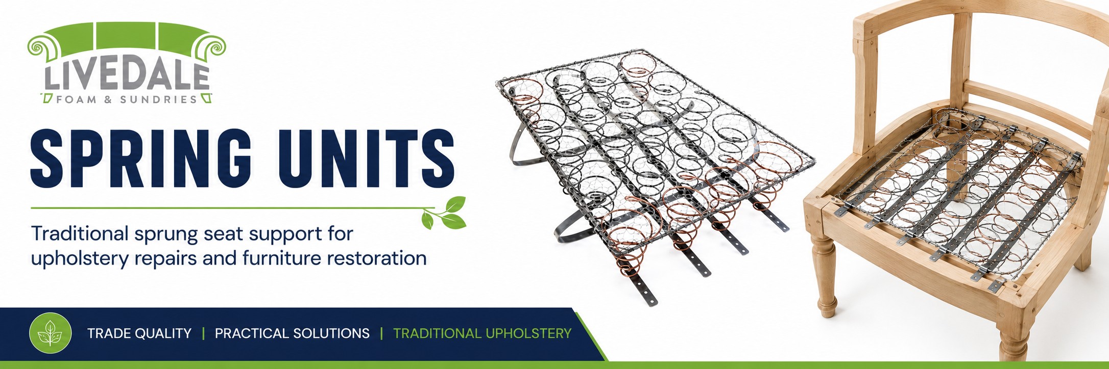 Livedale Spring Units category banner showing a traditional sprung seat unit and an open chair frame with spring mechanism fitted for upholstery restoration