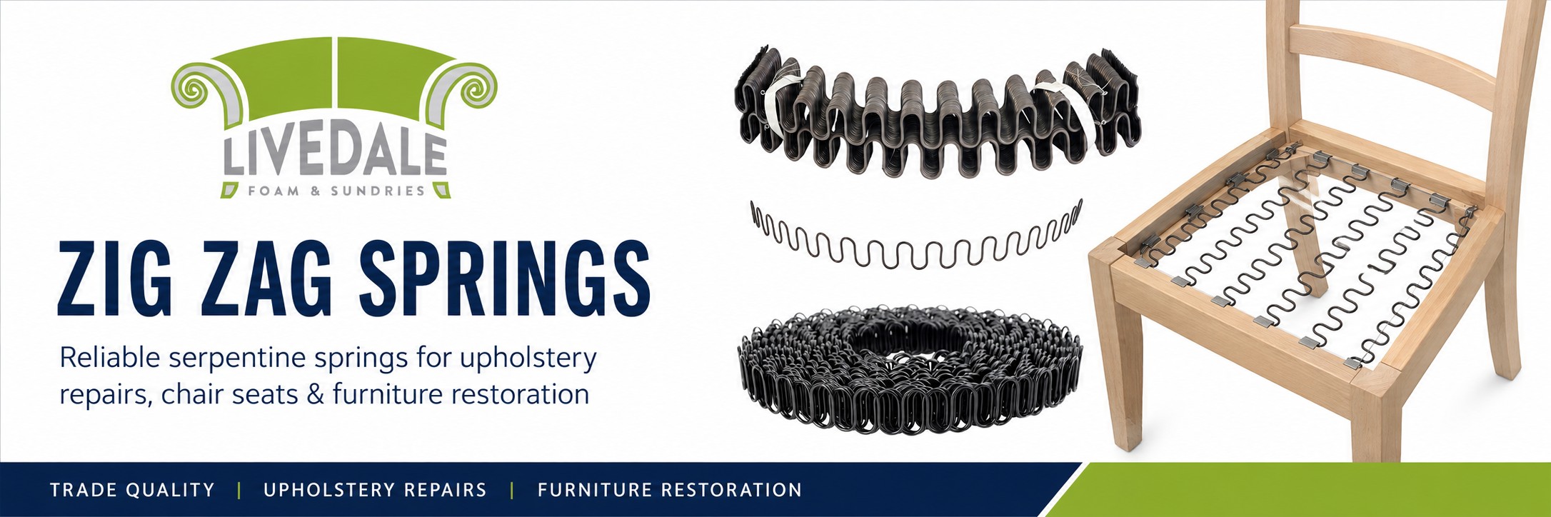Livedale Zig Zag Springs category banner showing serpentine upholstery springs, coiled zig zag spring rolls and an open chair frame with springs fitted across the seat area