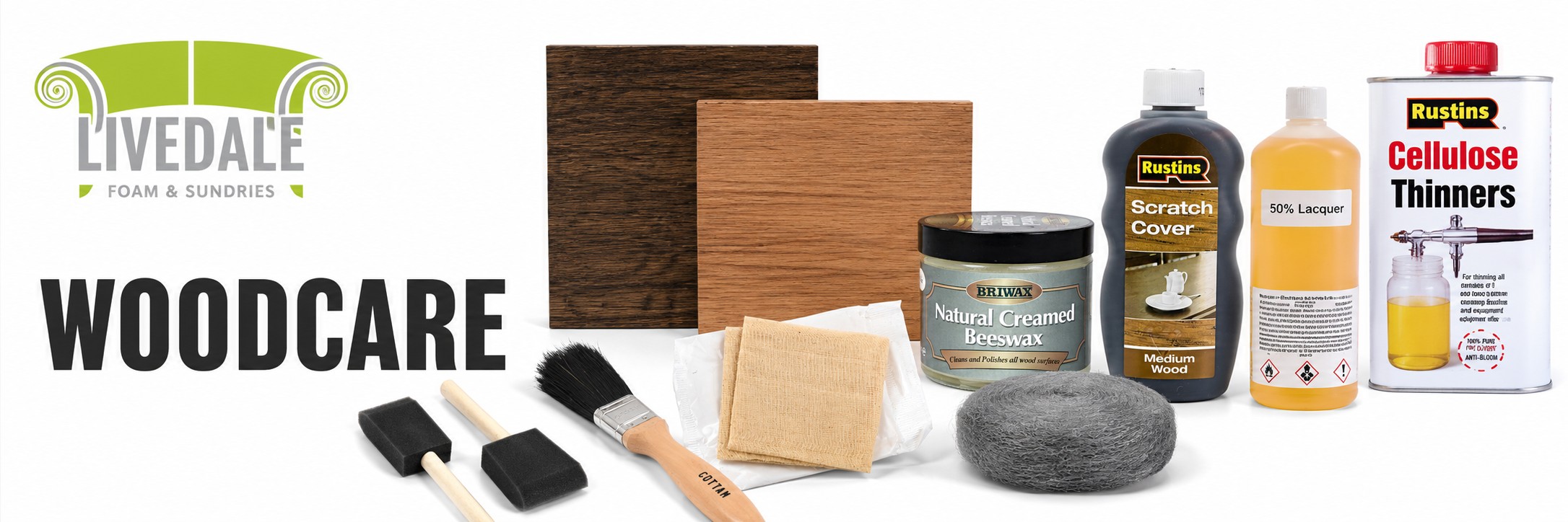 Livedale Woodcare banner showing wood stains, beeswax, scratch cover, thinners, brushes, steel wool and polishing cloths on a white background