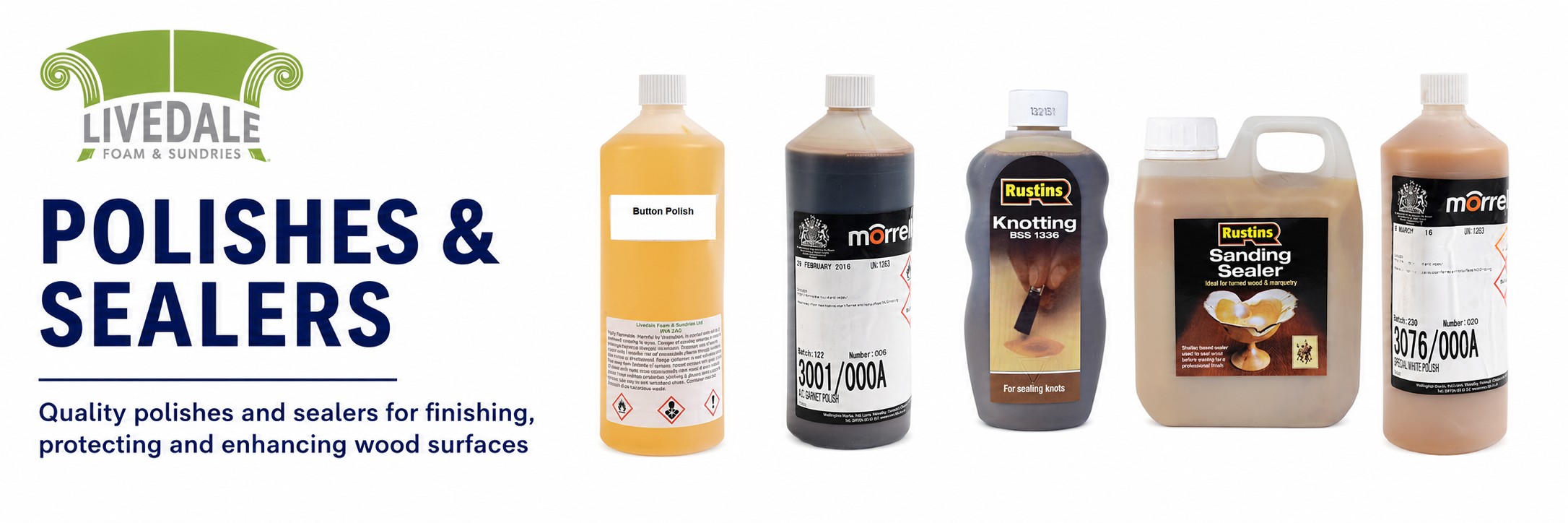 Livedale Polishes & Sealers category banner showing a selection of wood polishes, sanding sealer and knotting products on a white background