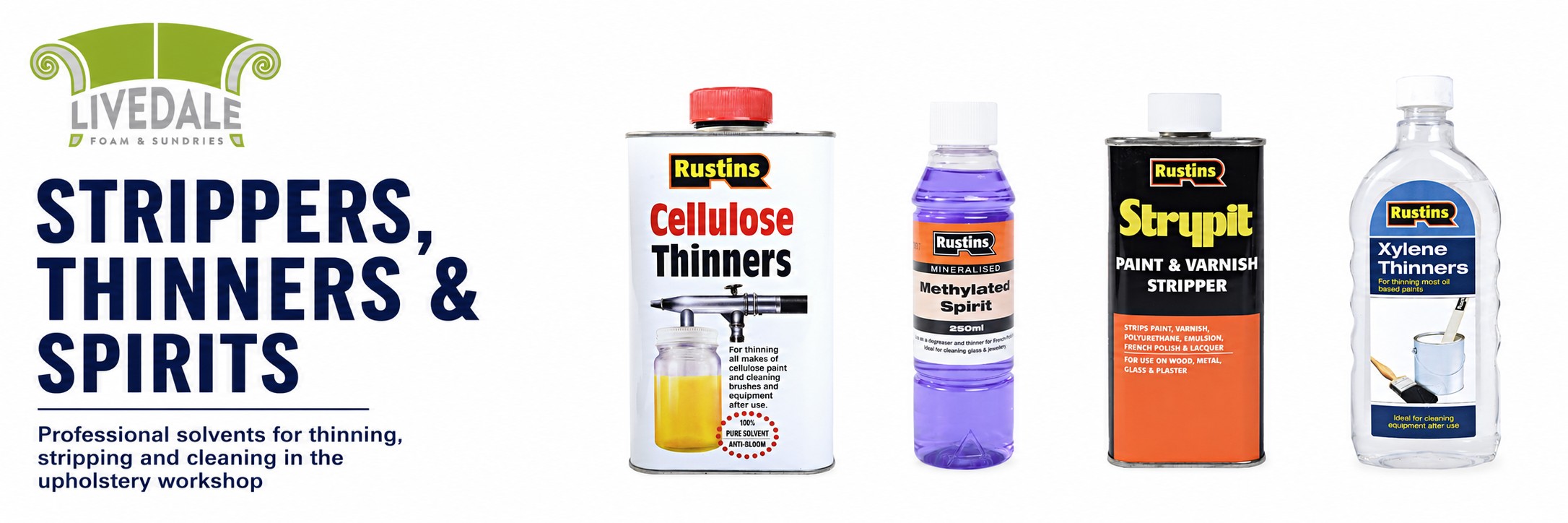 Livedale Strippers, Thinners & Spirits category banner showing cellulose thinners, methylated spirit, paint and varnish stripper and xylene thinners on a white background