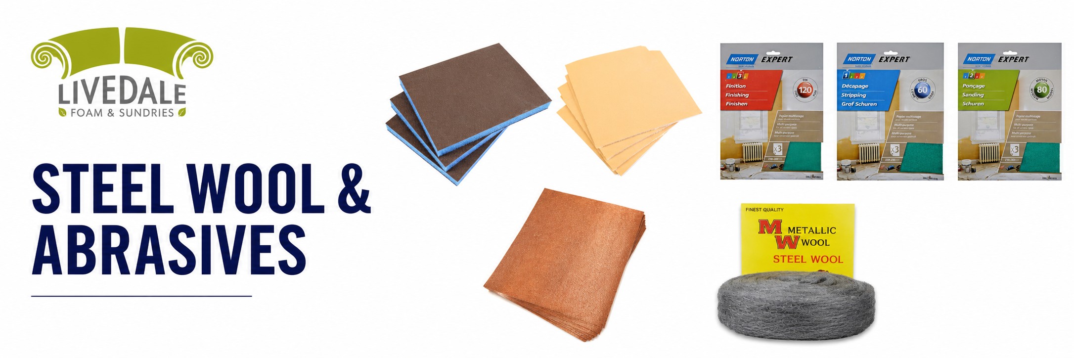 Steel wool and abrasive sanding products for upholstery, furniture repair and wood finishing from Livedale Foam & Sundries