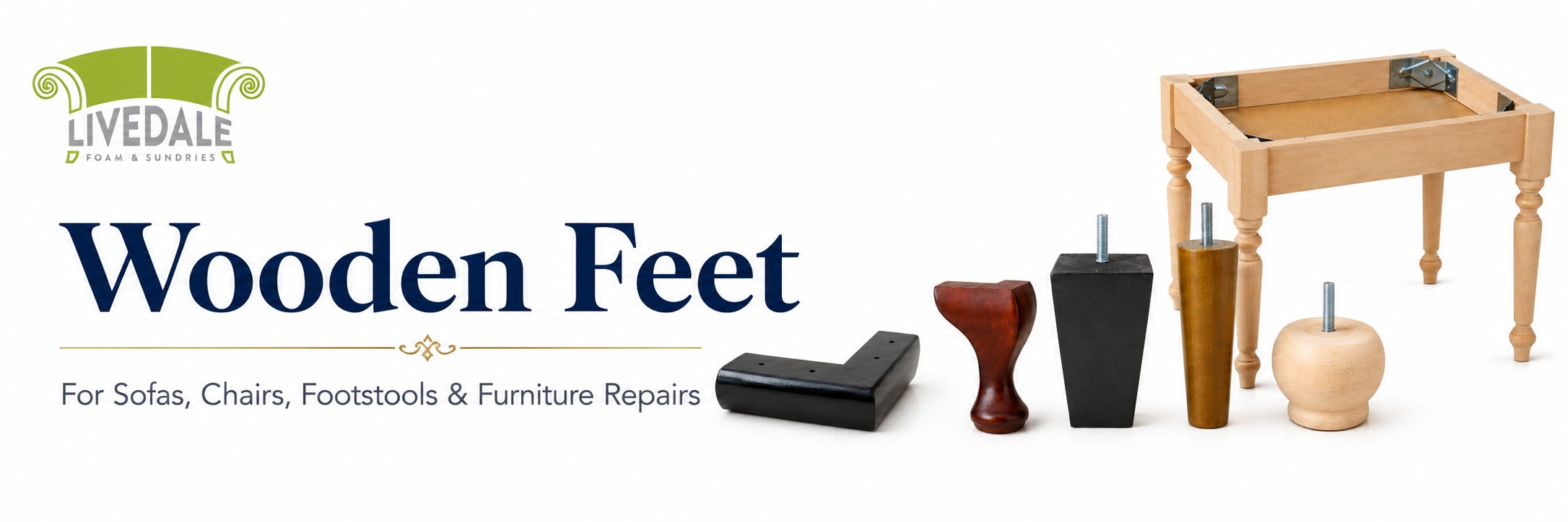 Livedale Wooden Feet banner showing replacement wooden sofa feet, chair feet and footstool legs