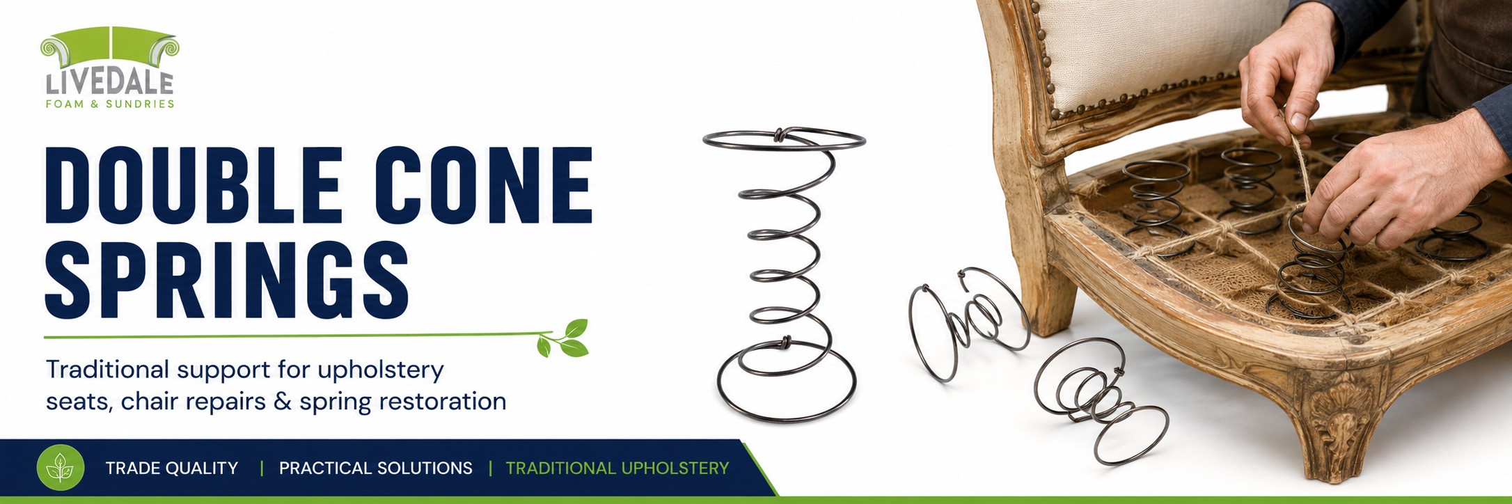 Livedale Double Cone Springs category banner showing traditional upholstery coil springs and an antique chair being restored with springs fitted by hand