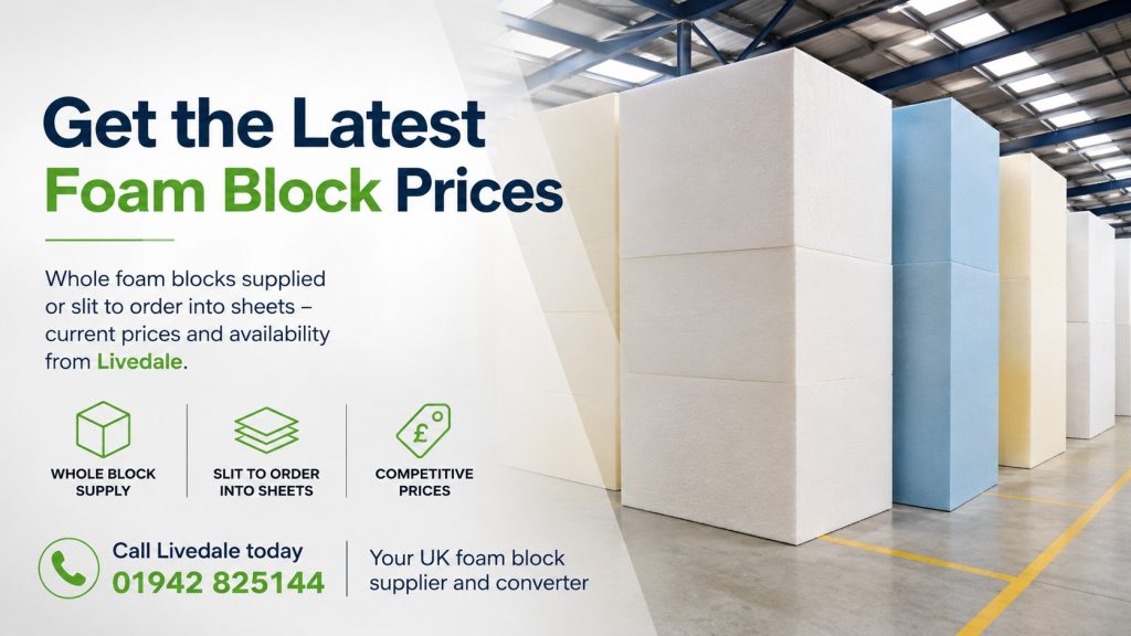 Whole foam blocks supplied by Livedale, with blocks available whole or slit to order into foam sheets.