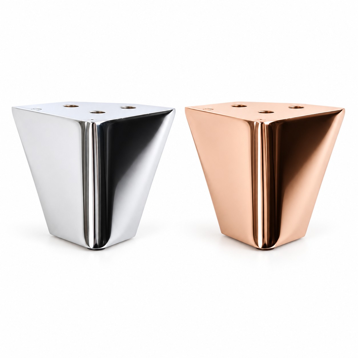 Tapered Metal Furniture Leg in Polished Chrome and Rose Gold Polished chrome and rose gold tapered metal furniture legs displayed side by side on a white background