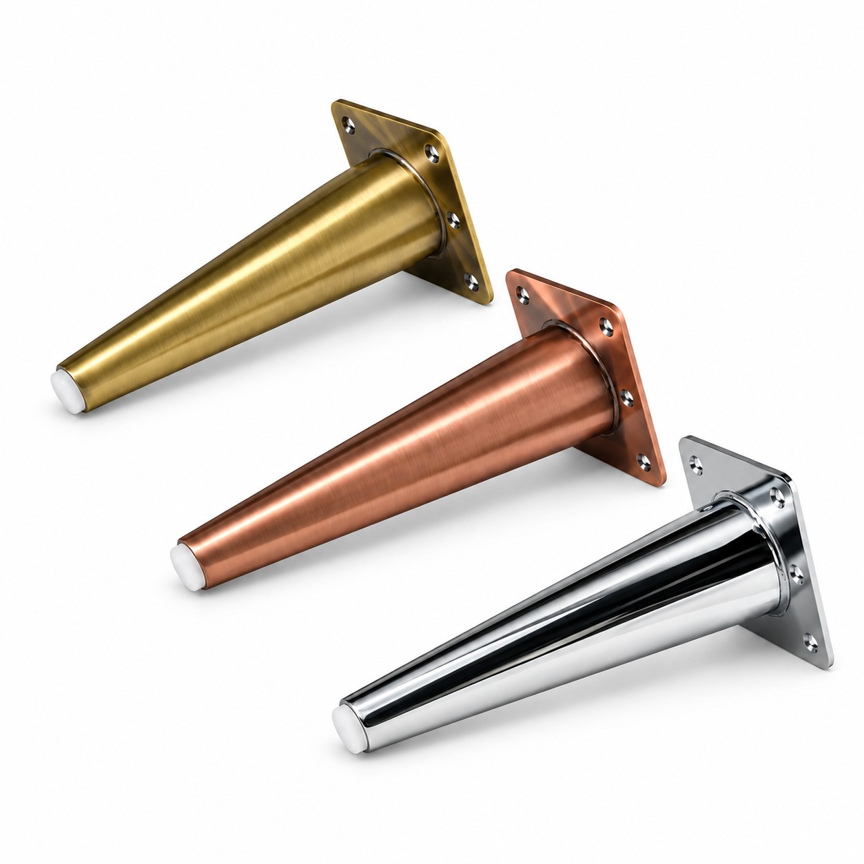 Tapered Metal Furniture Legs – Brass, Copper & Chrome Tapered metal furniture legs in brass copper and chrome finishes